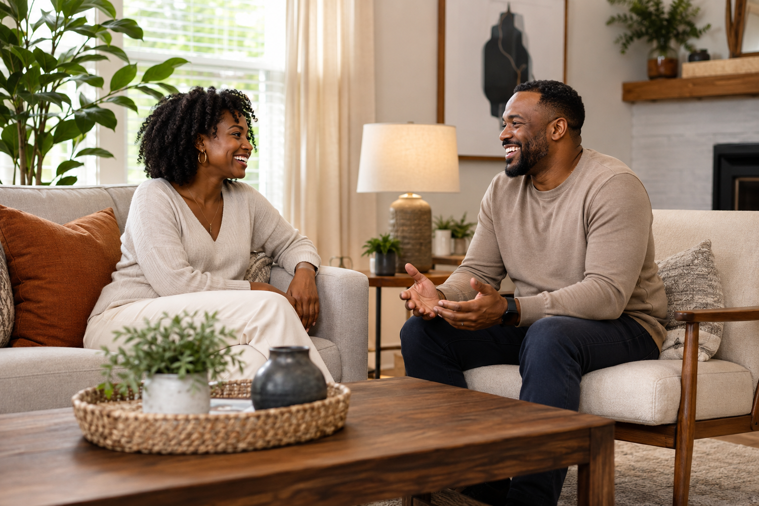 Two people talking warmly over coffee in the bright living room of a comfortable home