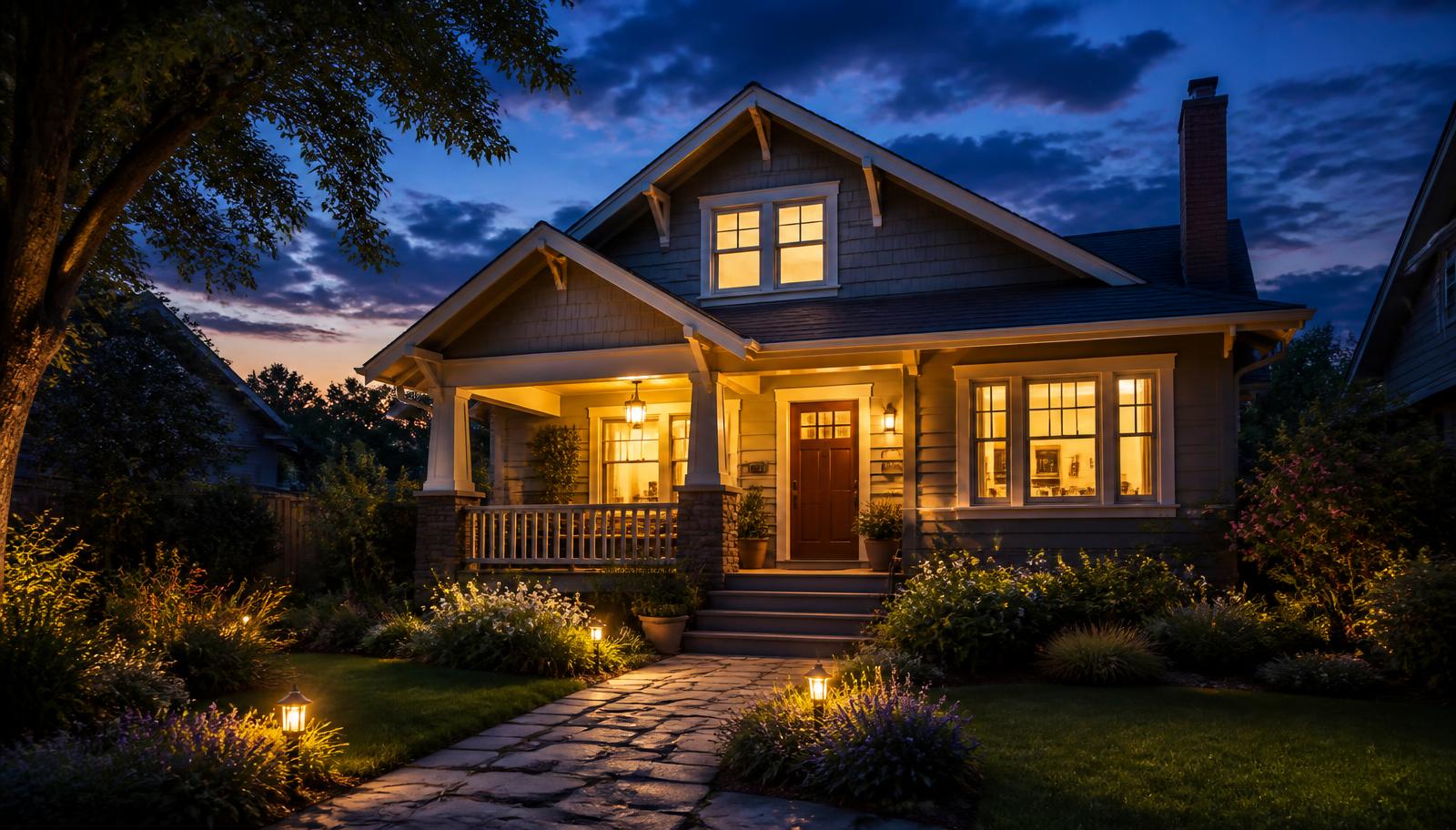 A welcoming craftsman home with warm glowing windows at twilight