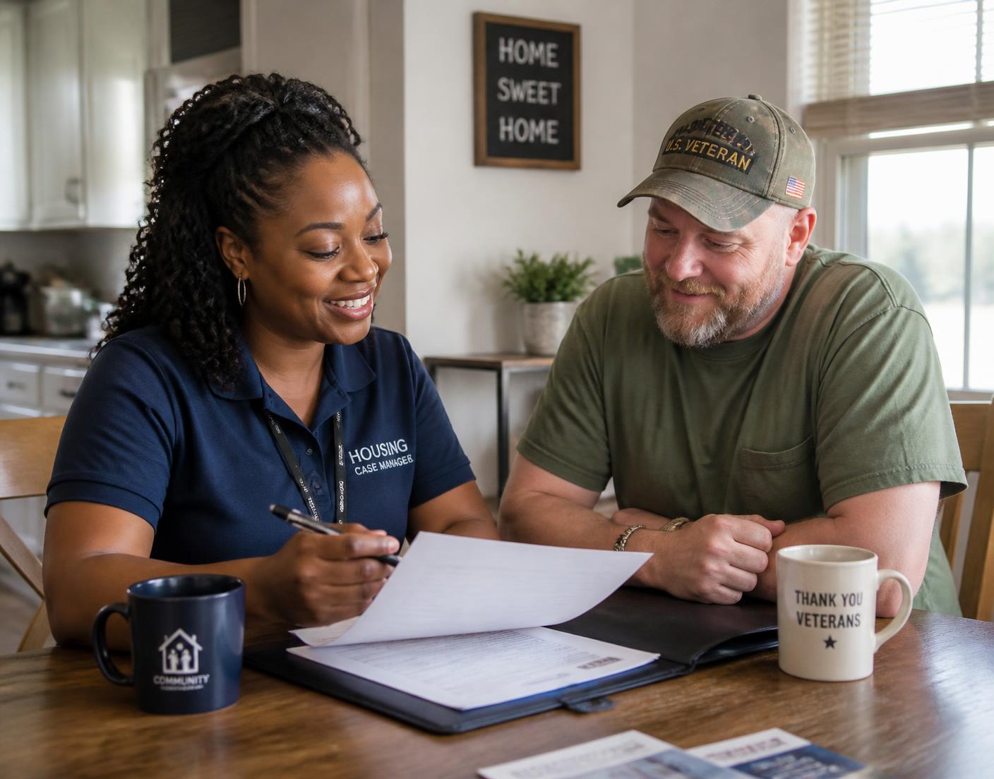A housing professional reviewing paperwork at a kitchen table with a veteran