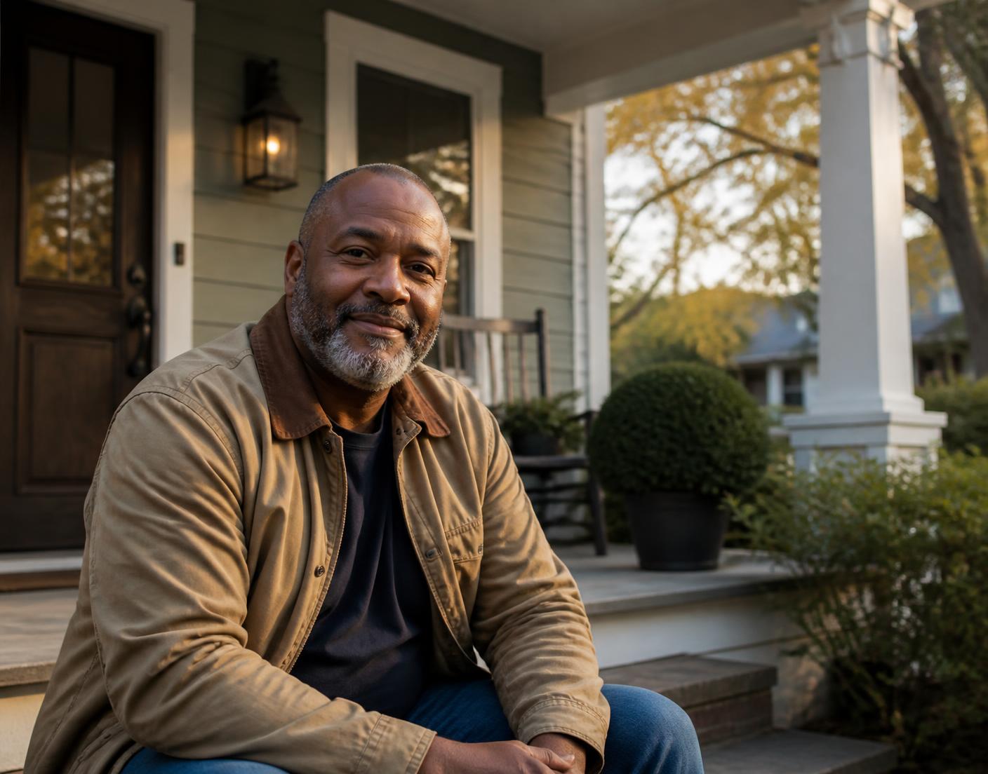 A veteran sitting on the front porch steps of a welcoming craftsman home in a quiet Georgia neighborhood